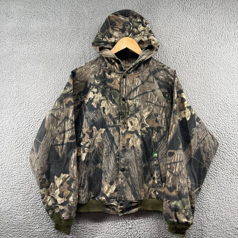 Vintage Mossy Oak Fits Large Hunting Camo Snap Up Jacket Long Sleeve Outdoor USA